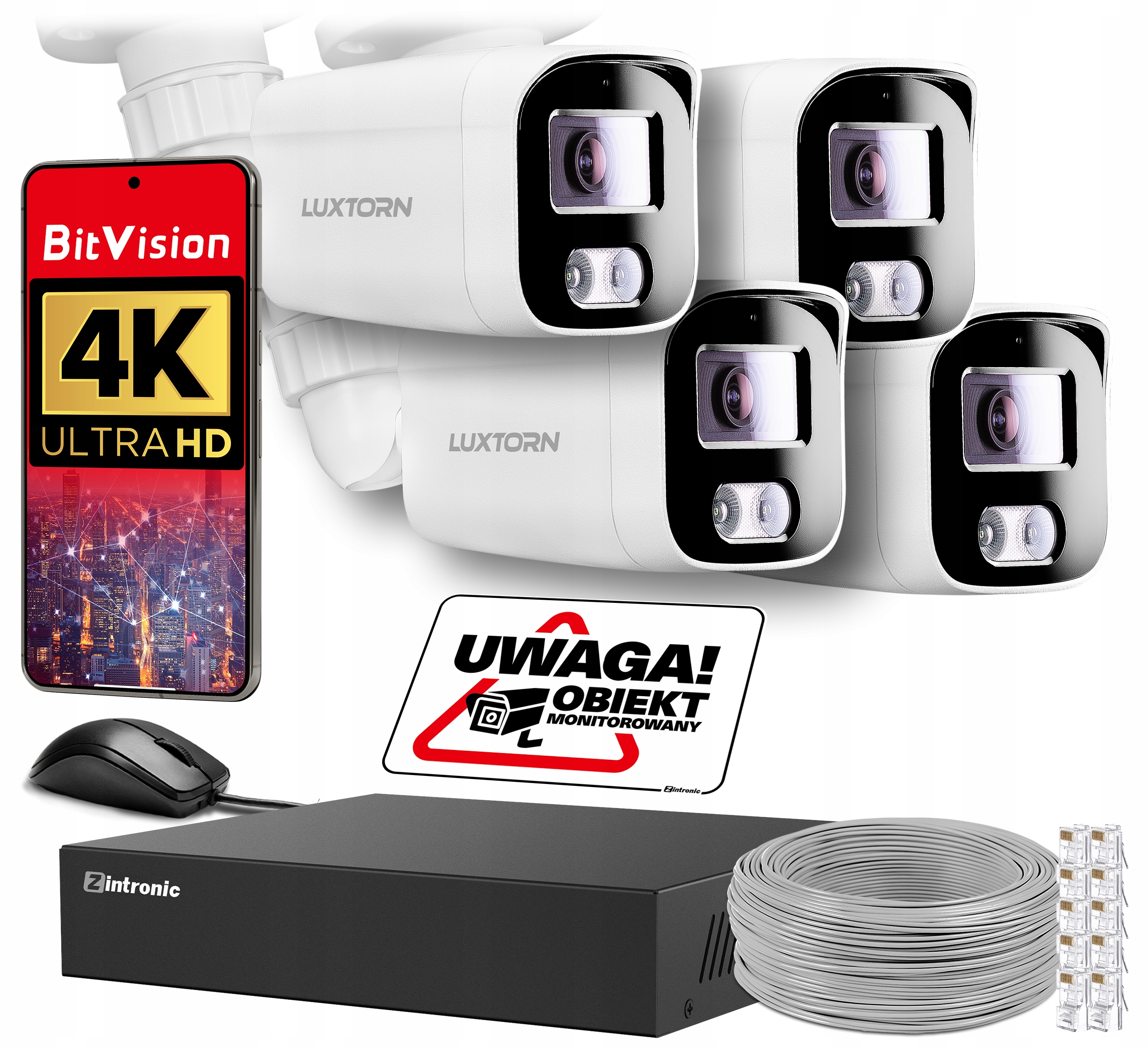 Zestaw Do Monitoringu 4K 8Mpx Ip Poe 4 Kamery Detekcja ludzi, bez dysku