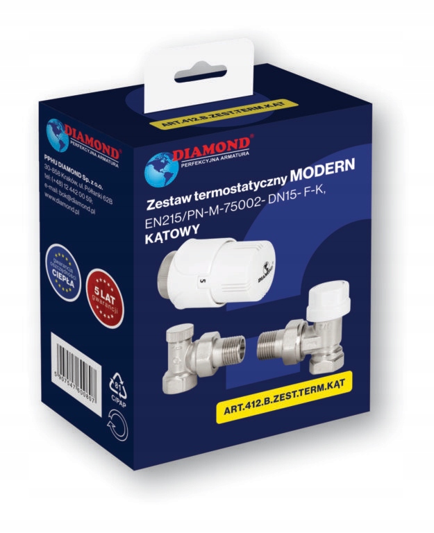 ZESTAW TERMOSTATYCZNY KĄTOWY ZAWORY FI 1/2" GŁOWICA TERMOSTATYCZNA KOMPLET Stan opakowania oryginalne