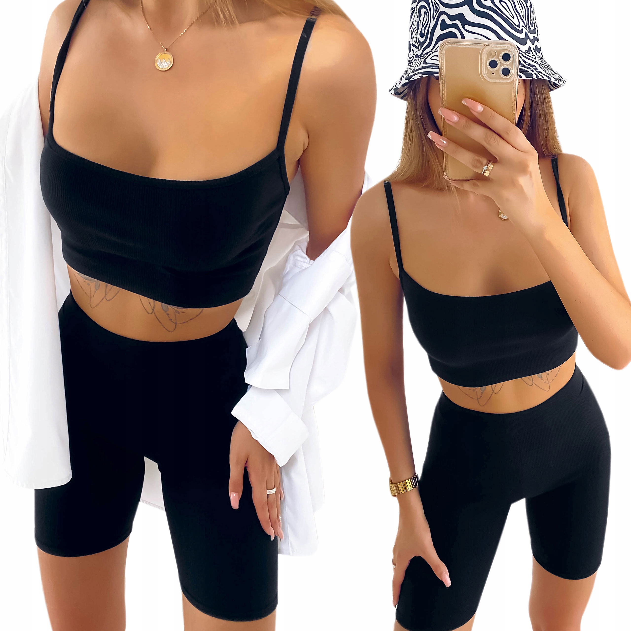 

Komplet Prążek Letni Top Ramiączka Kolarki