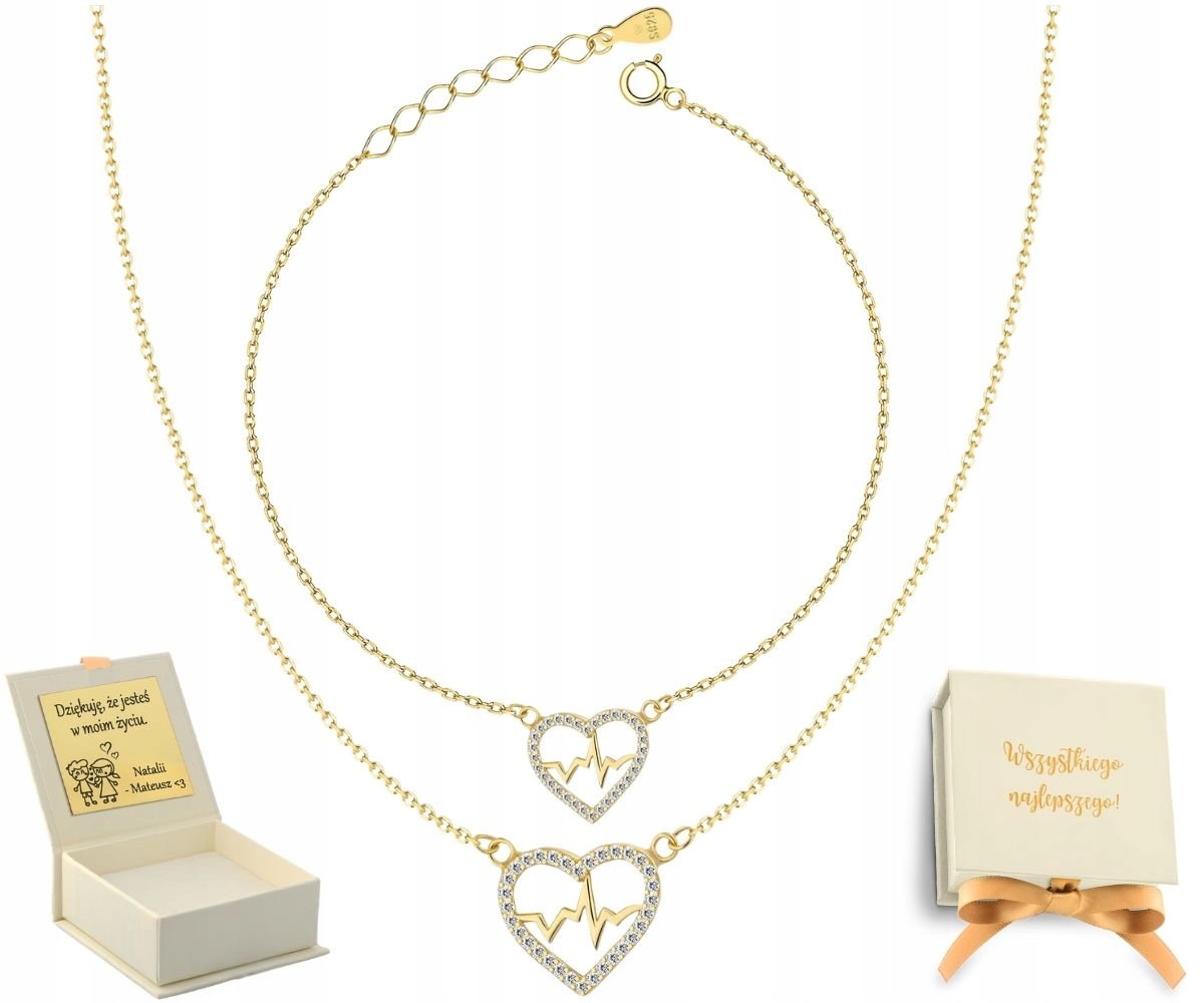 Stříbro Komplet Náramek náhrdelník Srdce Zirkony Ekg Linie Života 925