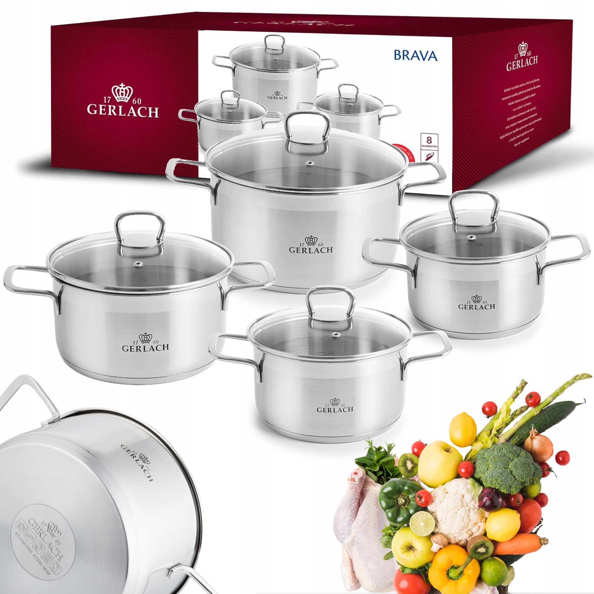 GERLACH STALOWE GARNKI ZESTAW GARNKÓW 8 ELEMENTÓW INOX INDUKCJA