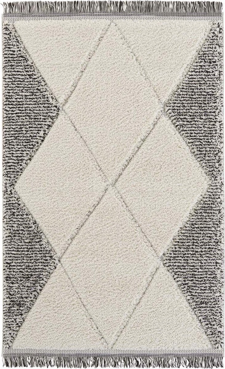 Krémově šedý koberec do obývacího pokoje, silný koberec shaggy, vzor boho 80x150 cm