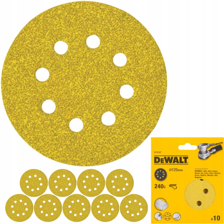 Dewalt Papier ścierny na rzep krążek arkusz 125mm P240 10szt komplet DT3107