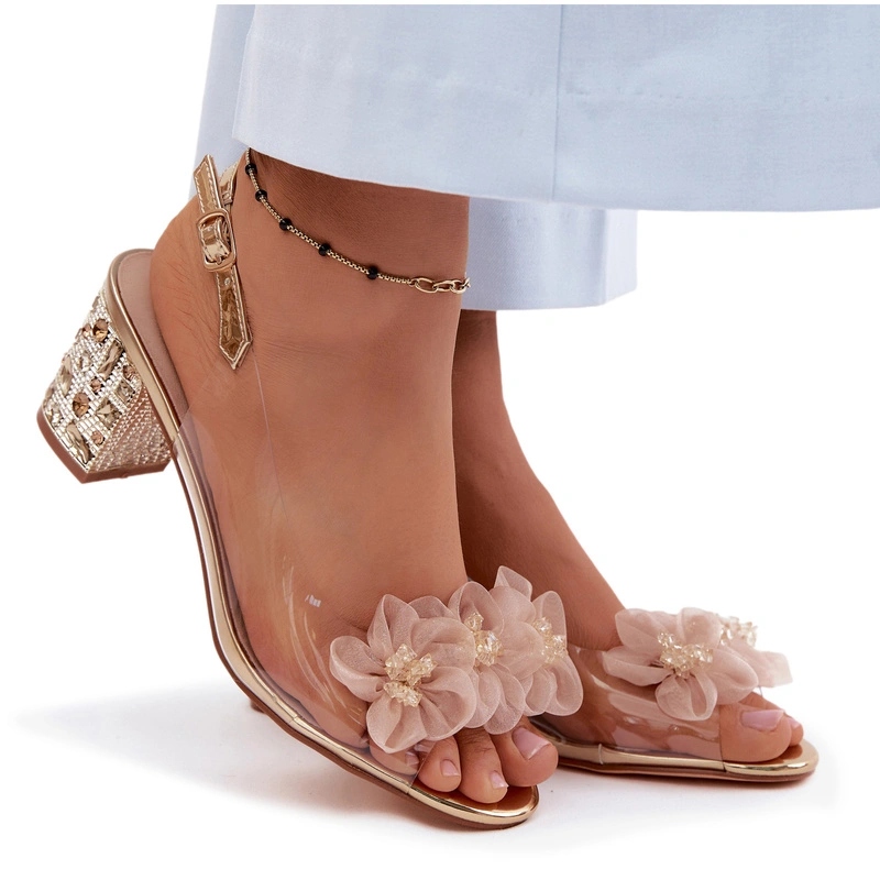 Sandály Transparentní Podpatek Křišťály Květiny D&a MR61-9009 Zlaté 36