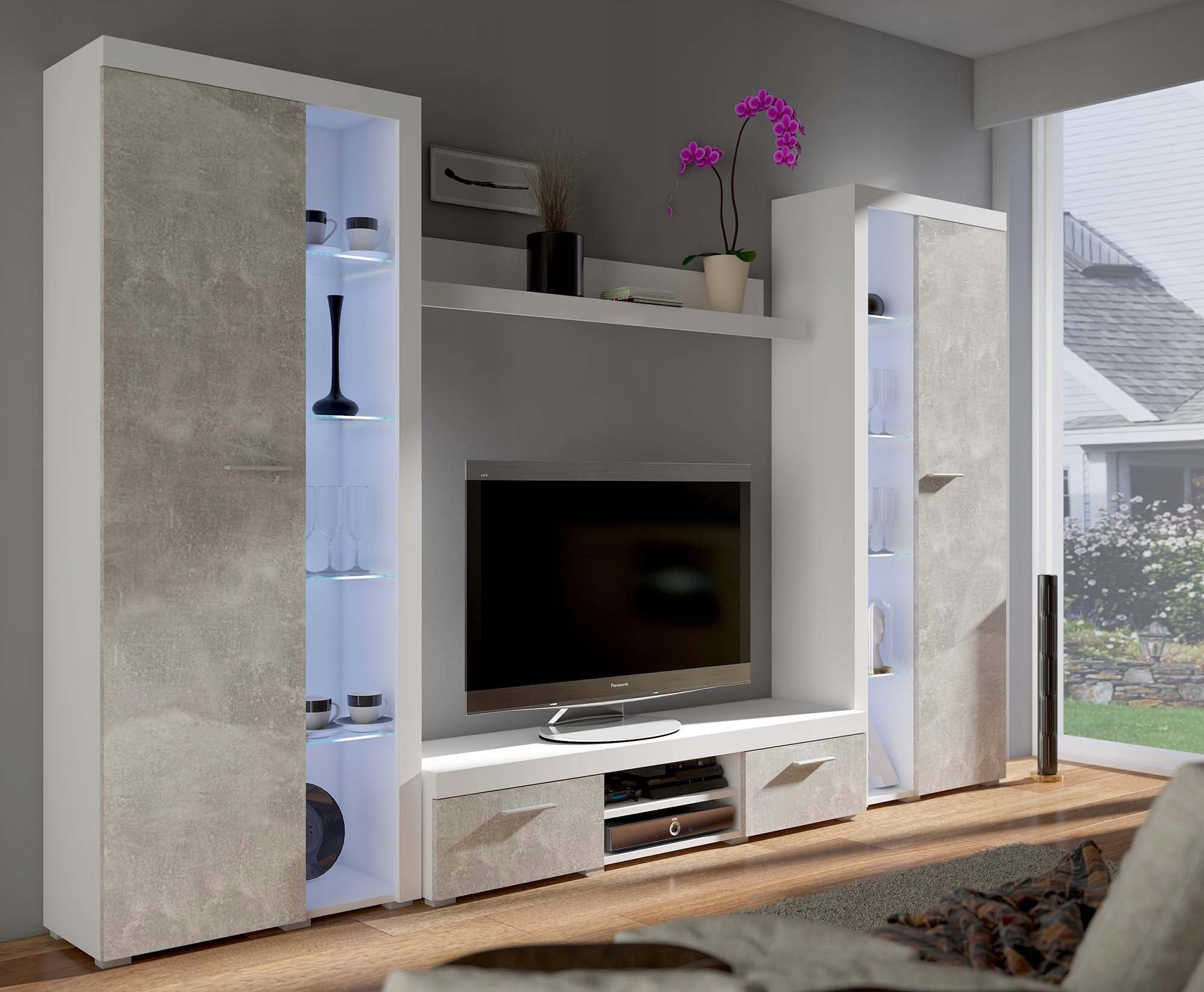 MEBLOŚCIANKA BETON SZKLANE PÓŁKI LED RUMBA XL