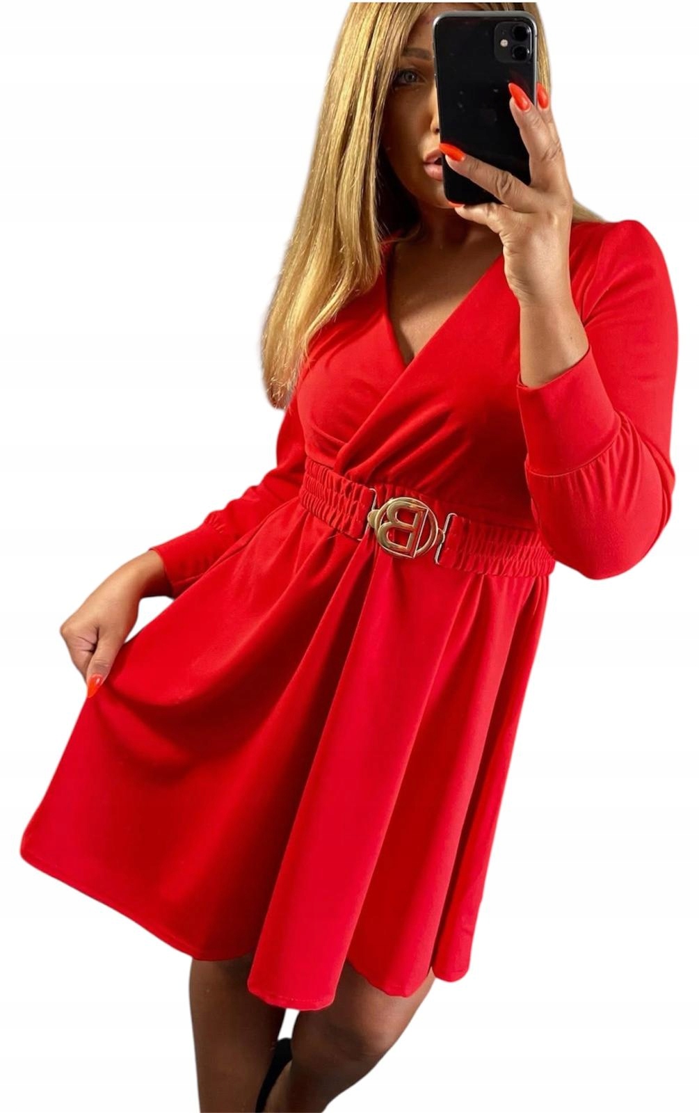 V580 Nová Kolekce Šaty S Páskem, Červená, vel. 42 (XL)