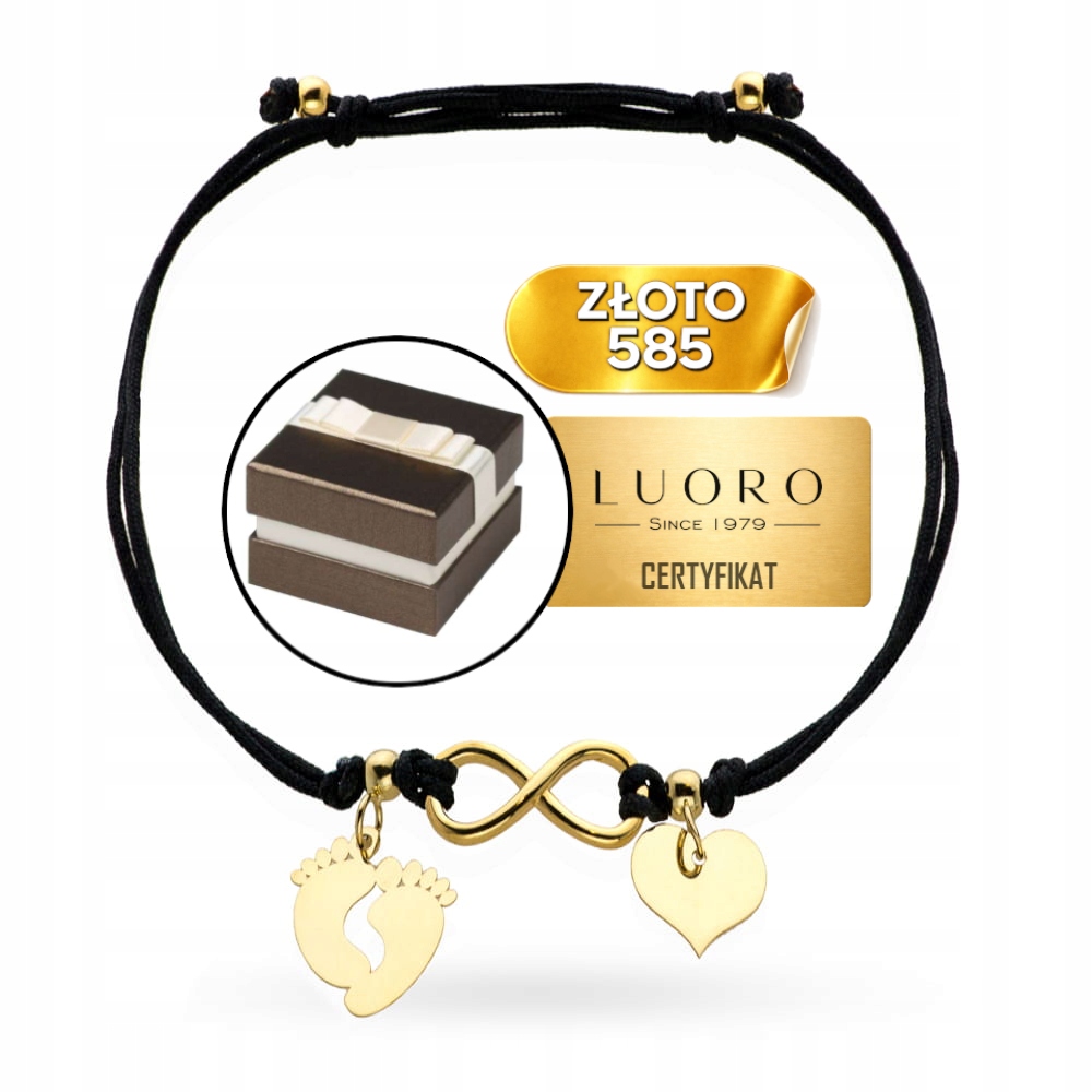 Náramek Zlatý 585 14K Nohy Srdce Nekonečno Na Provázku 25 CM