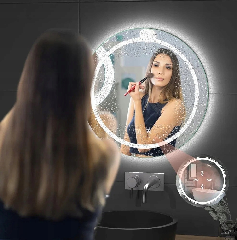 Lustro Czarna Rama Zaokrąglone LED 3w1 Trzy Barwy z Matą Grzewczą 60x80 Szerokość 800 mm