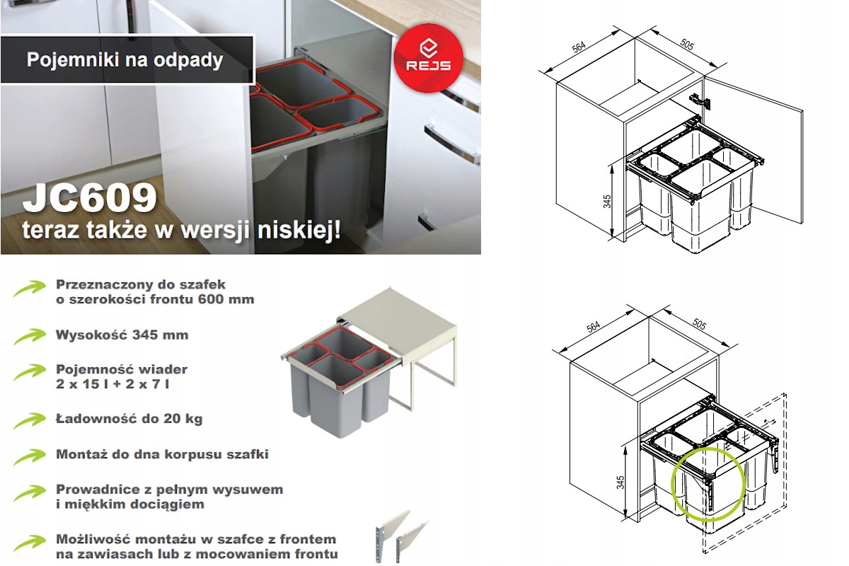 Rejs Nádoba na odpad JC609 "60" (560x480x345) štvoritá, materiál strieborný