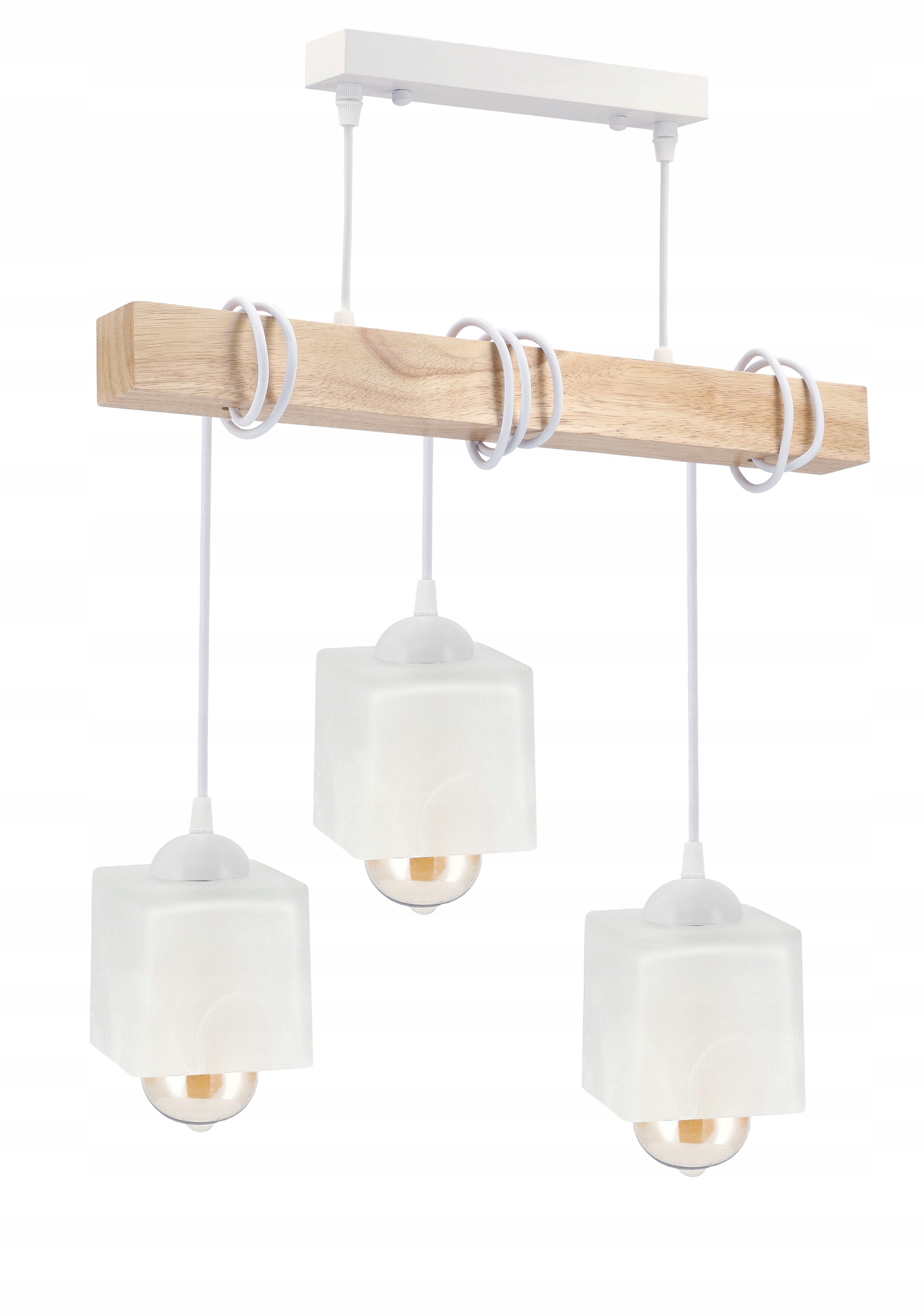 Závěsná Led lampa Bílá Dřevo 3x E27 Lustr Mléčná kostka