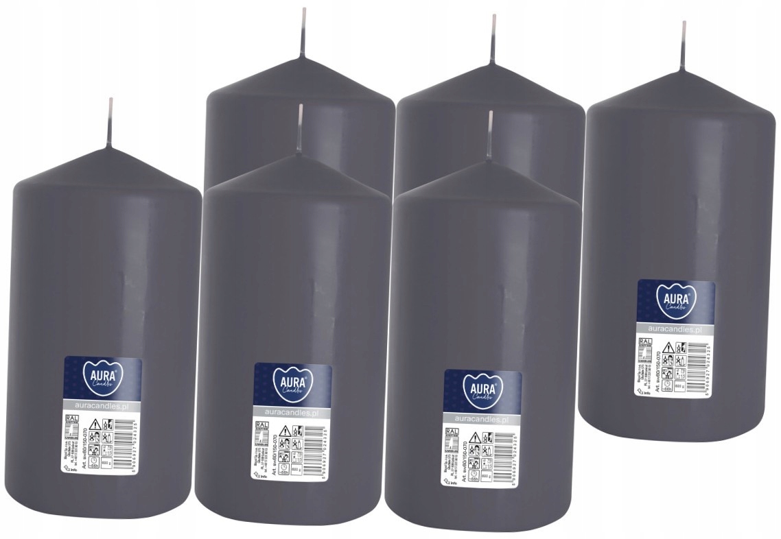 6X Šedá Velká svíčka válec bez zápachu Parafínová Svíčka 15CM 66H 600G
