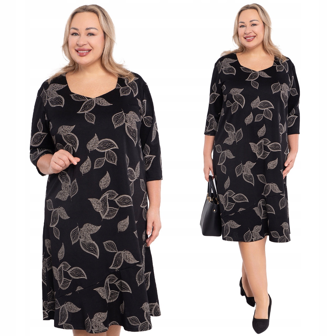 Černé šaty s béžovými listy 60/62