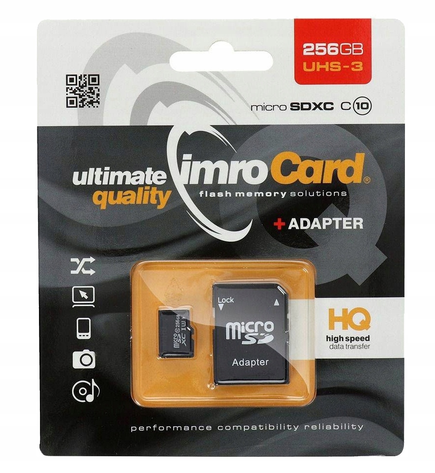 Paměťová karta Imro microSD 256 Gb Class 10 Uhs 3 100 MB/s adaptérem Sd