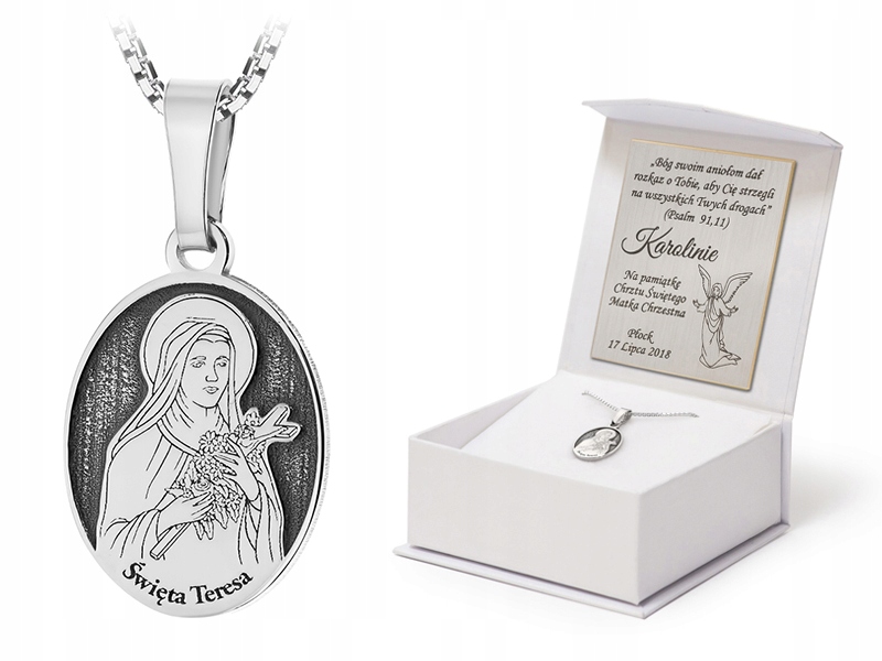 Stříbrný Náhrdelník Kostka 50 cm ryzost 925 Medailon Svatá Terezie Gravírování