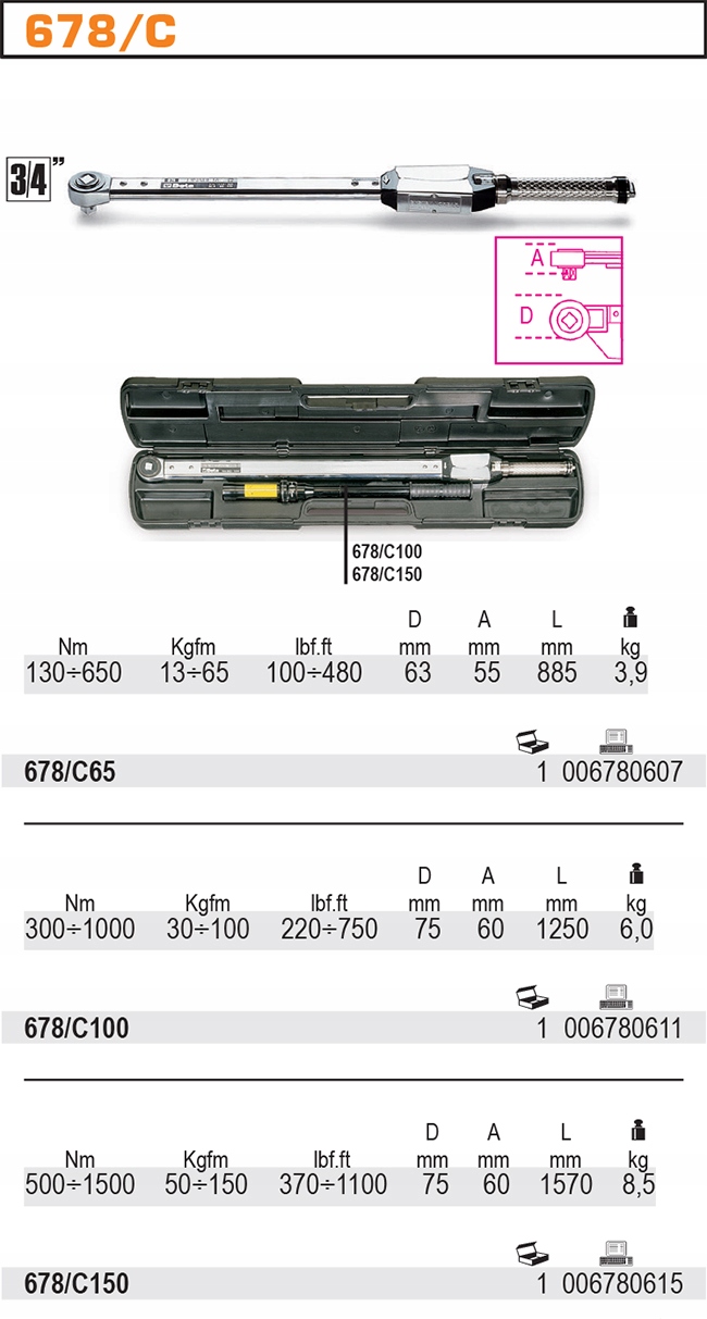 KLUCZ DYNAMOMETRYCZNY 130-650NM BETA 678/C65 Rodzaj klucza dynamometryczny