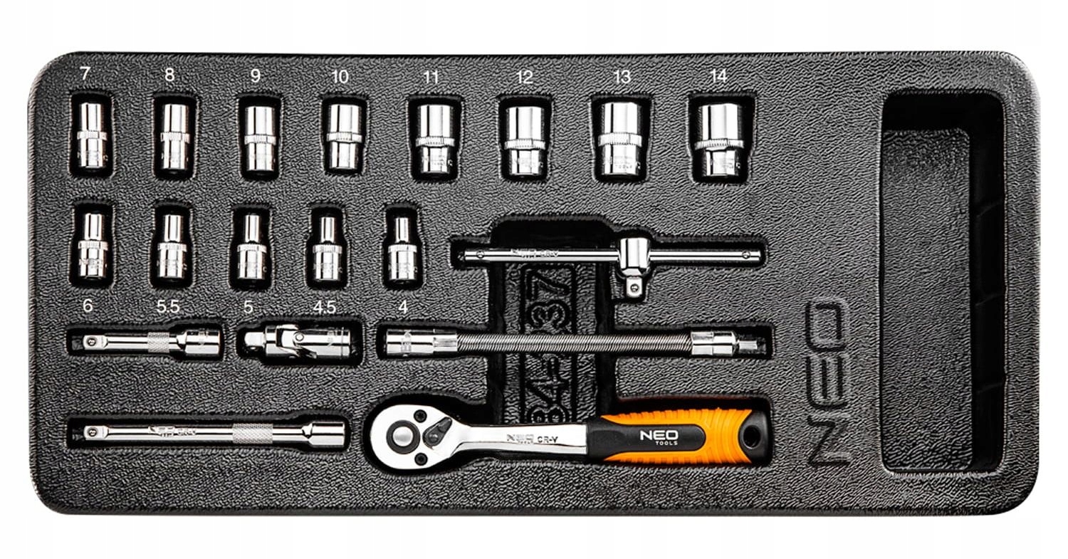 KLUCZE NASADOWE 1/4" Z GRZECHOTKĄ 19szt WKŁADKA 84-237 NEO