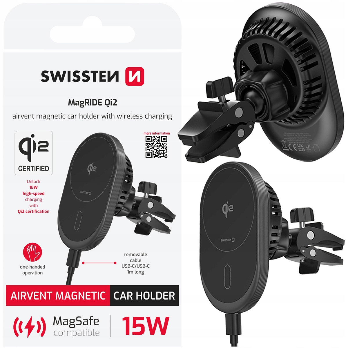 Držák do auta pro telefon Swissten, bezdrátové nabíjení MagRide Qi2