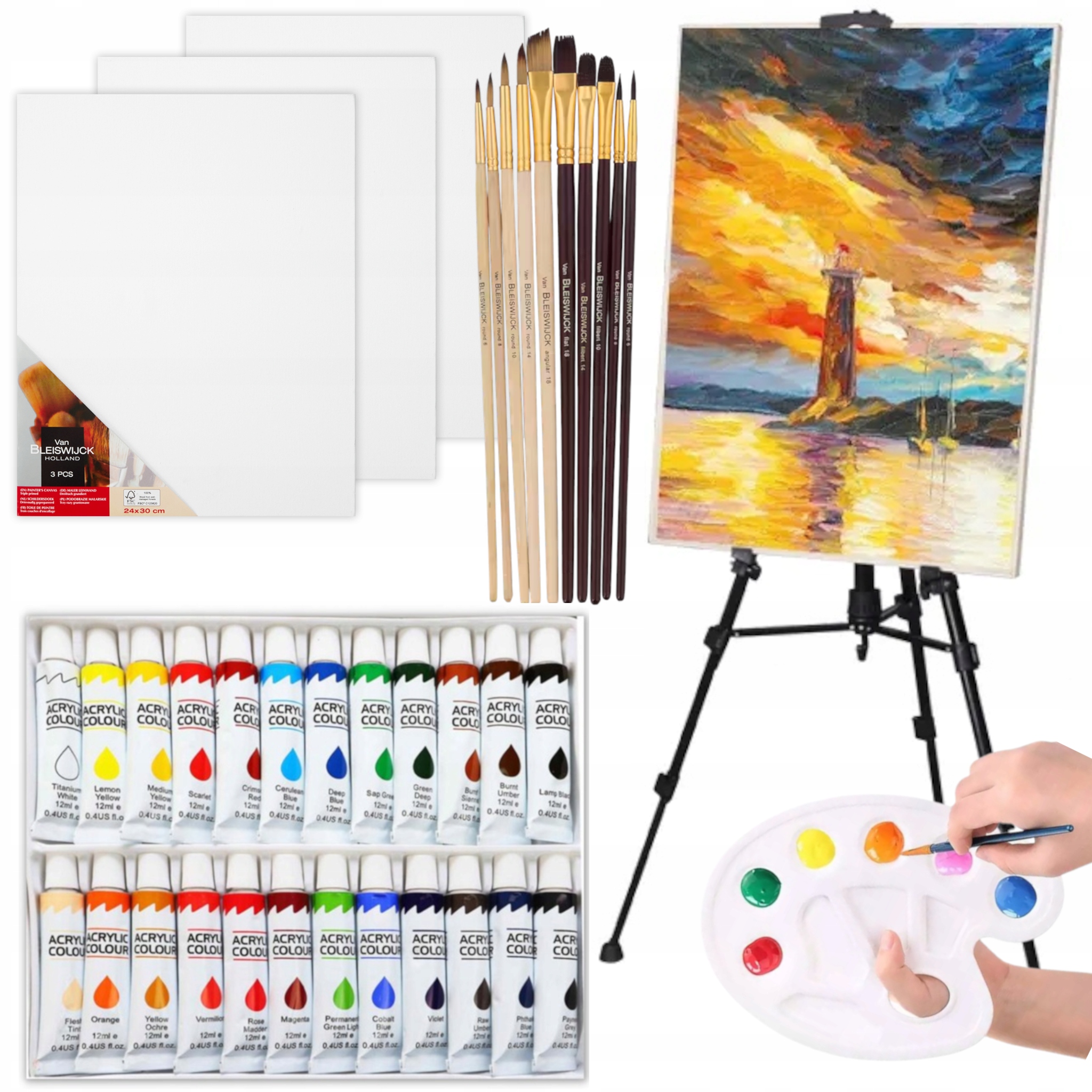 Malířská Sada Umělecký Stojan Barvy Plátna Štětce Paleta Pro Děti