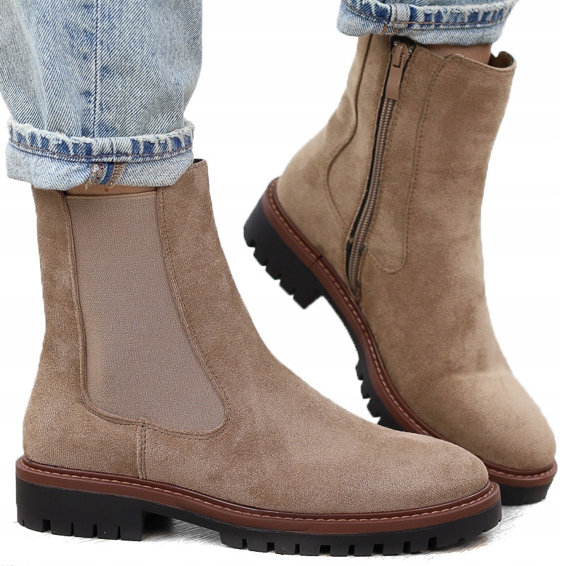 Béžové zateplené dámské kotníkové boty s plochým semišem na zip jsou pohodlné