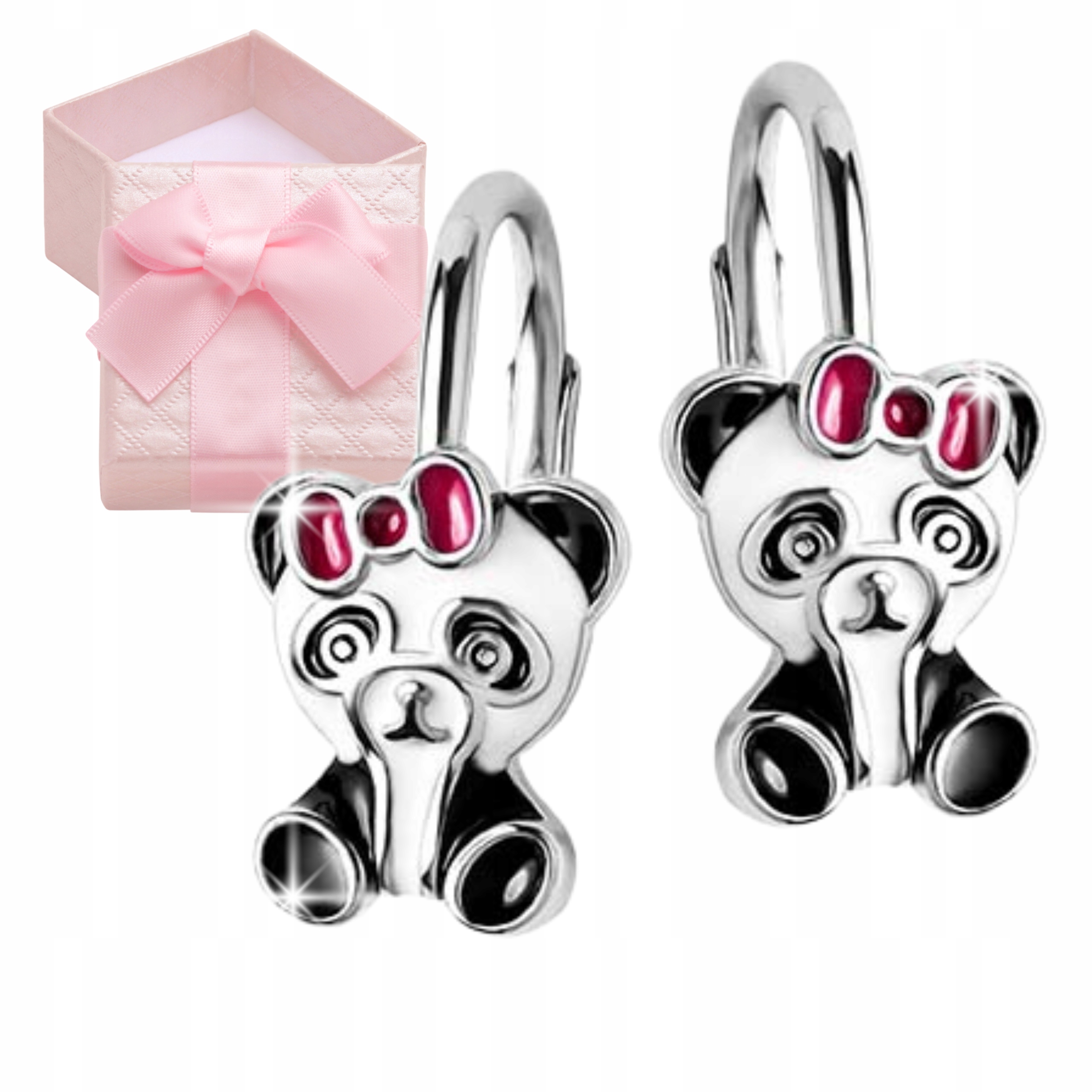 KOLCZYKI SREBRNE MISIE PANDA Z KOKARDKĄ ANGIELSKIE ZAPIĘCIE PANDY 925