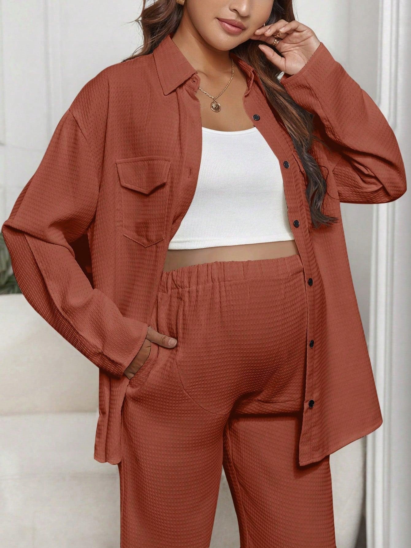 BRĄZOWY LUŹNY PROSTY TEKSTUROWANY KOMPLET KOSZULA DŁUGIE SPODNIE SHEIN 44 Kolor brązowy
