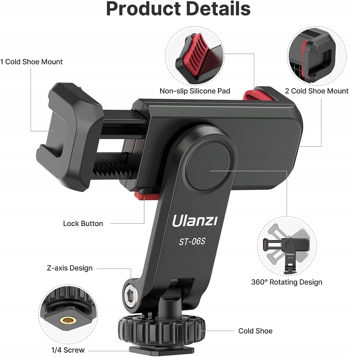ULANZI ST-06S Uchwyt Telefonu Adapter Statyw Tripod Selfie Stick 360° 180° — miniatura 8