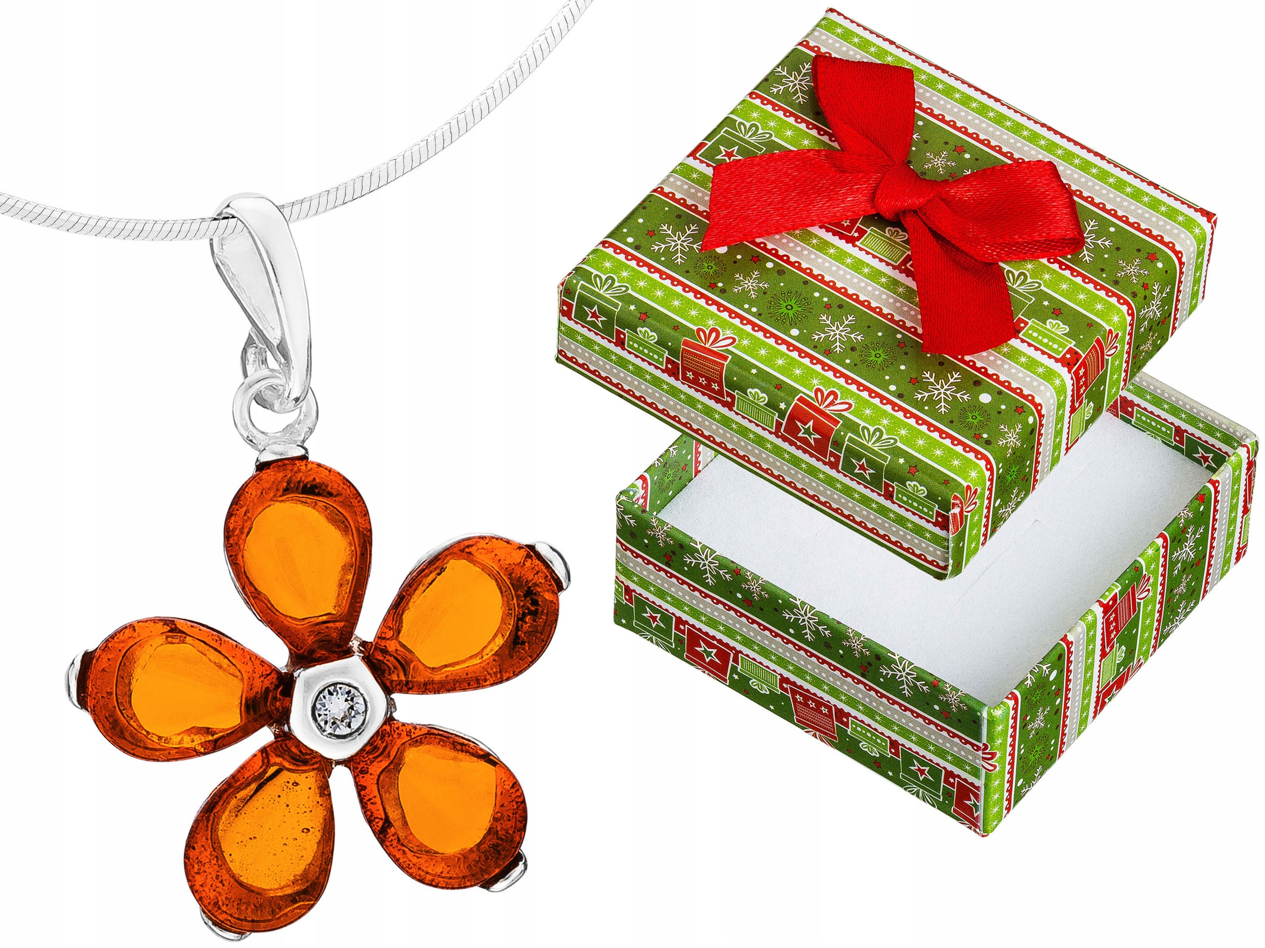 Krátký Stříbrný Dámský Náhrdelník Květina s Jantarem a Zirkony Choker 38 cm