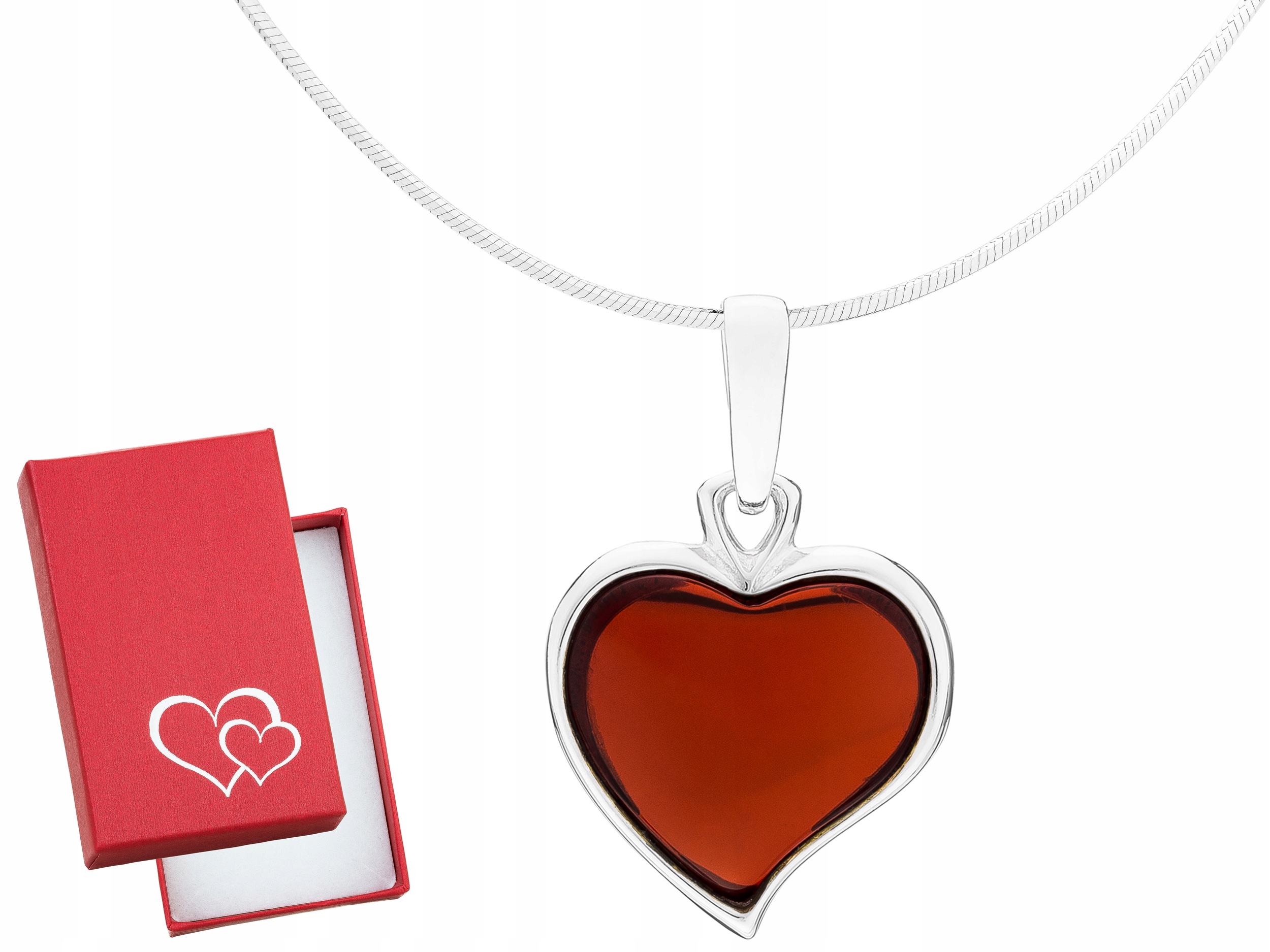 Krátký stříbrný dámský náhrdelník s třešňovým jantarem Srdce Choker 30 cm