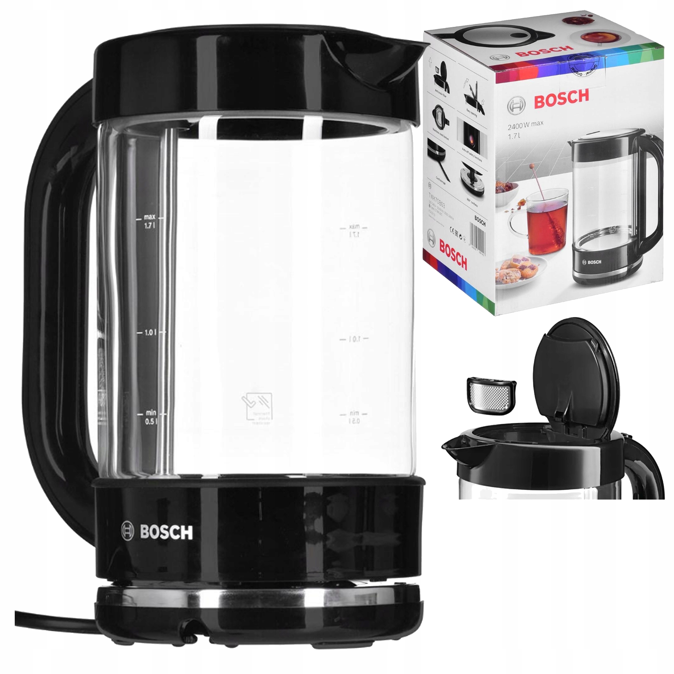 Czajnik Elektryczny Szklany Bosch Bezprzewodowy 1,7L Wyjmowany Filtr Czarny