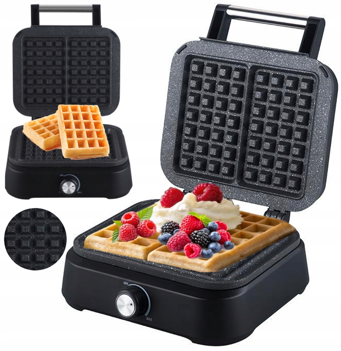 Gofrownica 2 Duże Chrupiące Gofry Mocna Smart Marmurkowa Powłoka 2200W