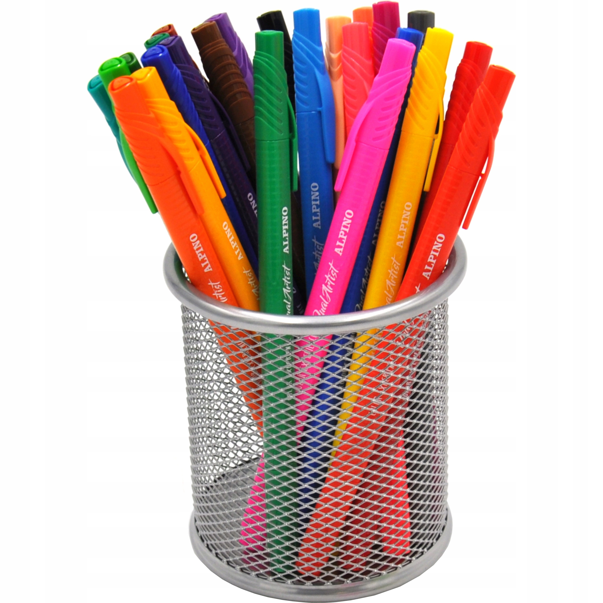 Przybornik siatkowy okrągły na długopisy ołówki biurko srebrny pojemnik