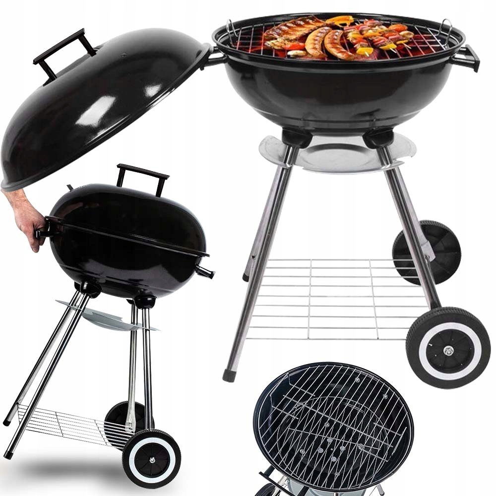Grill Węglowy Ogrodowy Zamykany Z Pokrywą Okrągły Przenośny Bbq Na Kółkach