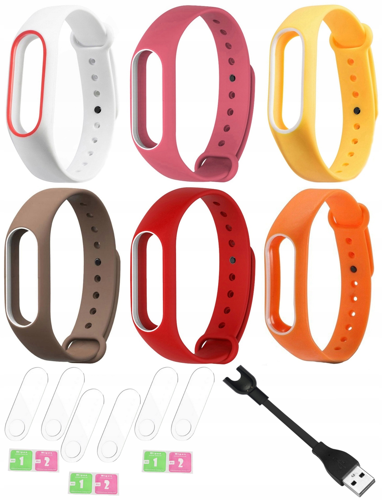 5x Opaska do Xiaomi Mi-Band-2 +6x Folia +ładowarka