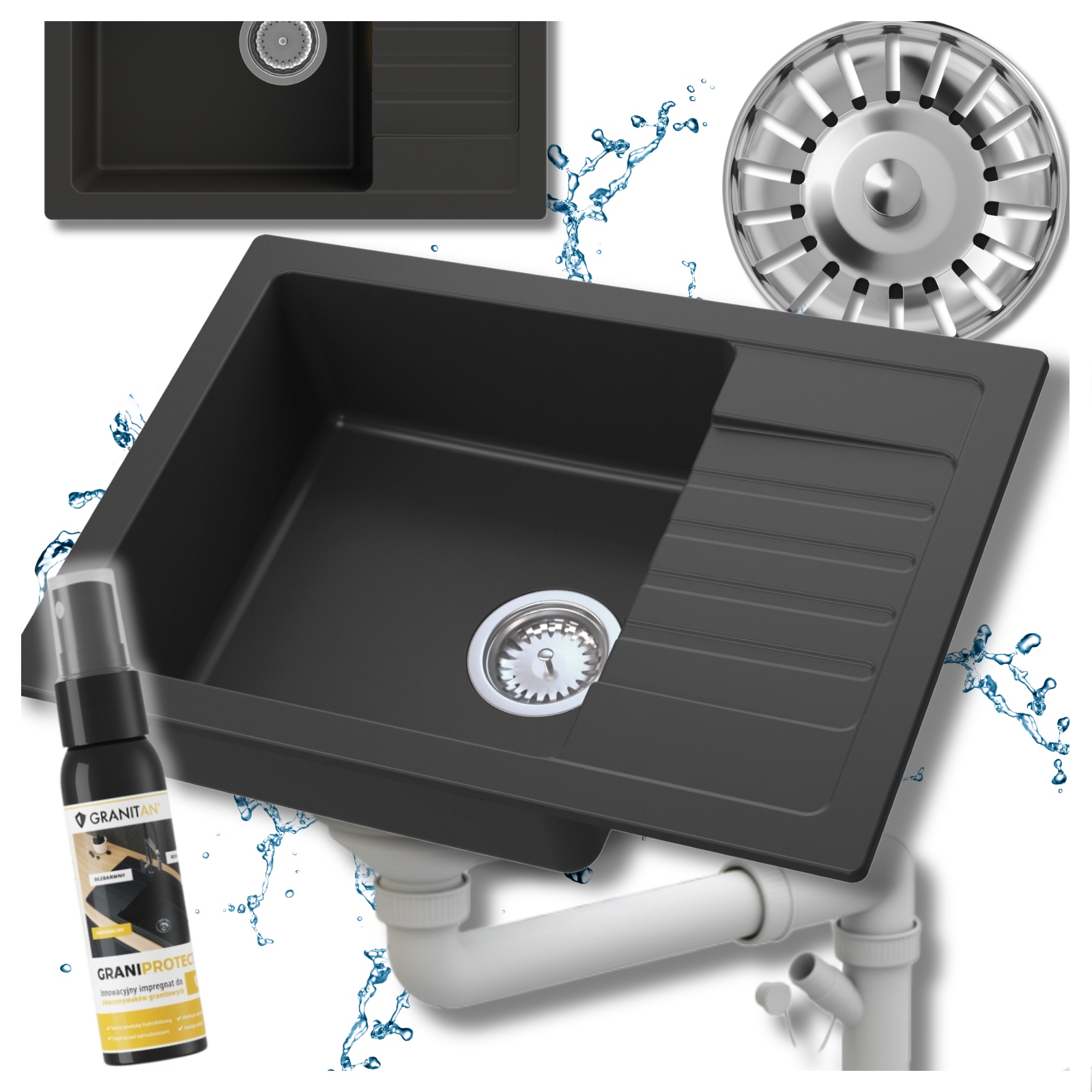 Granitový kuchynský drez, jednokomorový drez s odkvapkávačom Argos, sifón