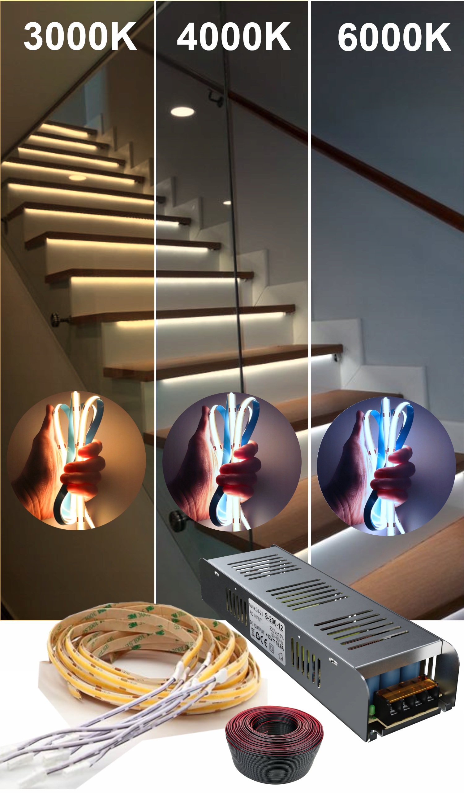 Sada Schodového Osvetlenia 16x1 m Led Pásky Cob S Káblom 4 m Napájací Zdroj