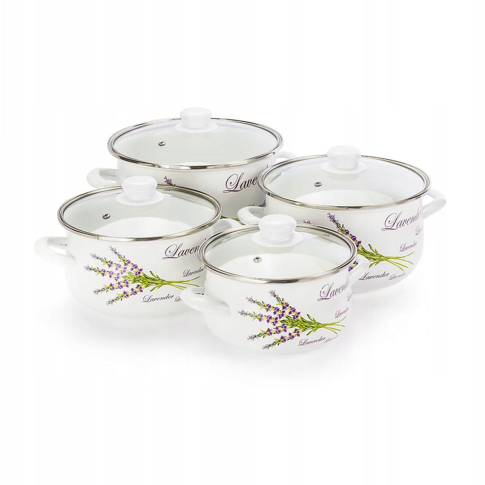 KOMPLET GARNKI zestaw garnków emalia LAWENDA BIAŁE 8 el.