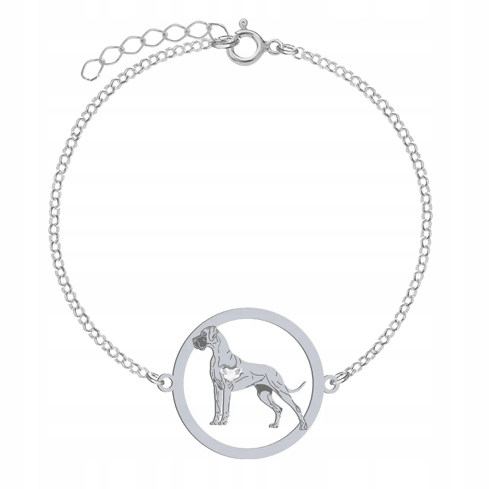 Stříbrný náramek se psem Great Dane 925 Řetízek Dedikace Gravírování Bonus