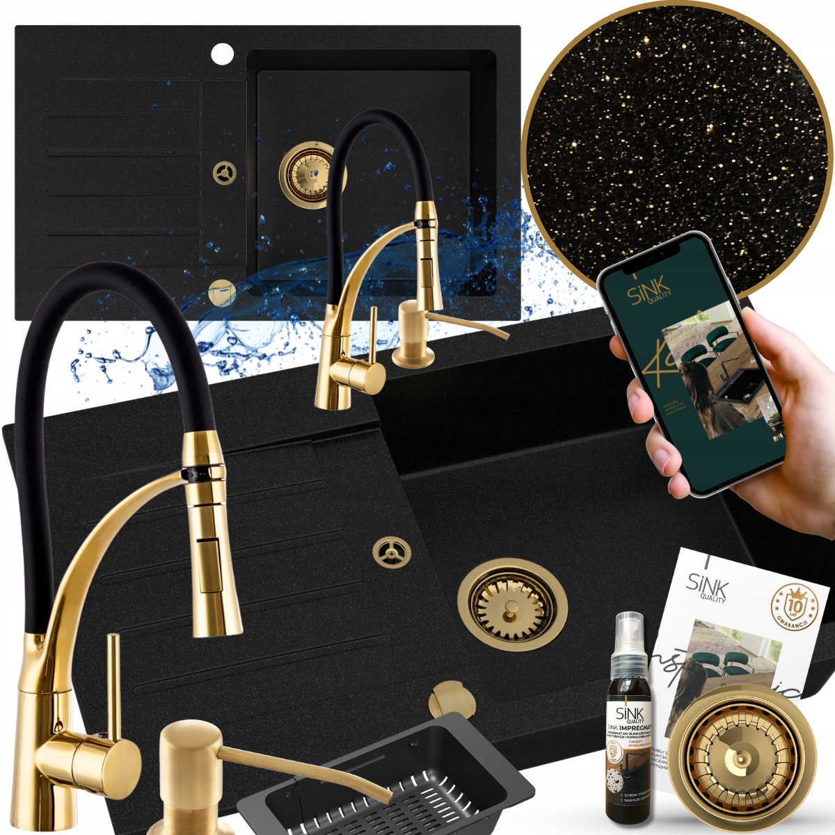 Granitový dřez, Jednokomorový, sada, odkapávač, baterie, dávkovač, sifon