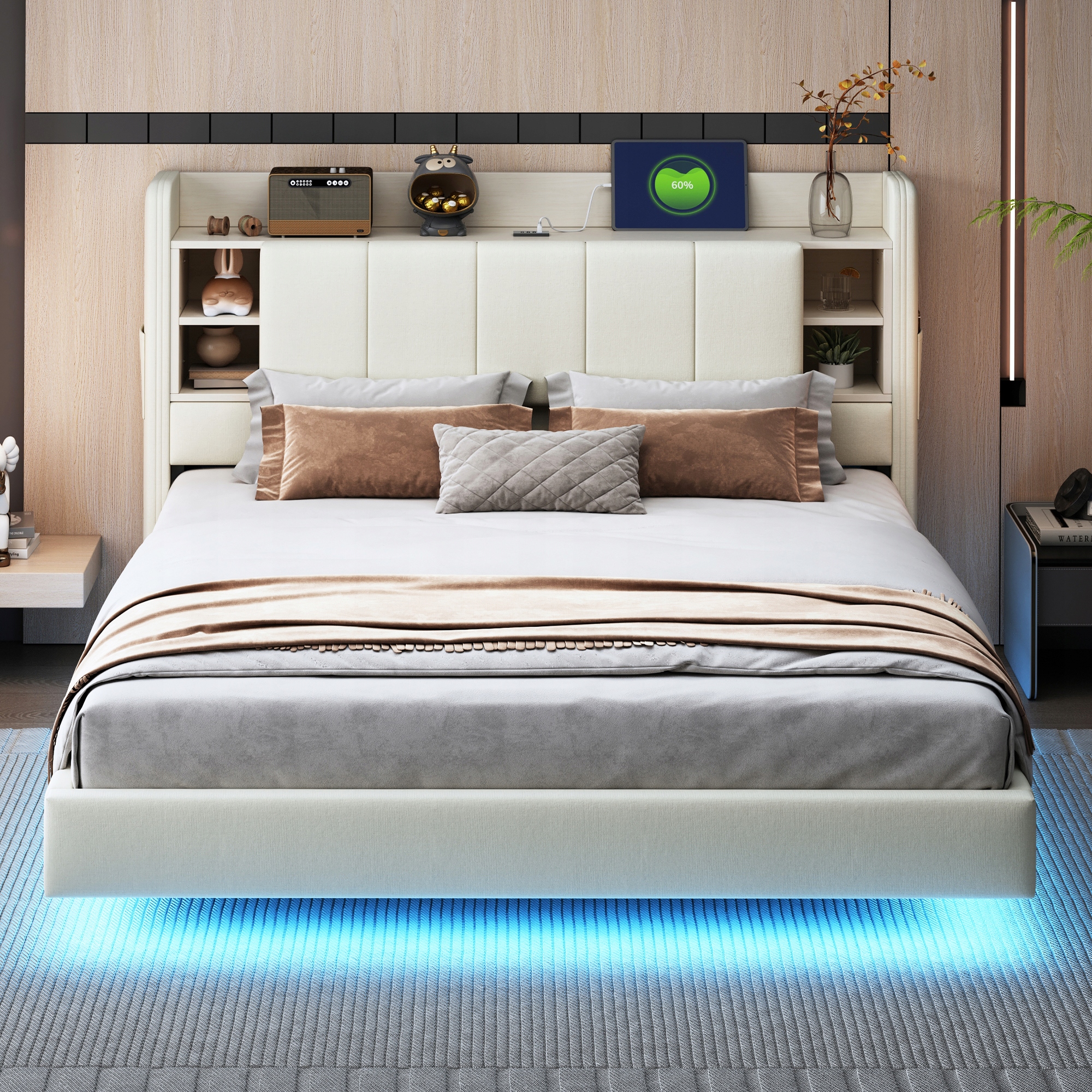 Letto Imbottito 160X200 - Xylo - Beige Con Usb E Illuminazione