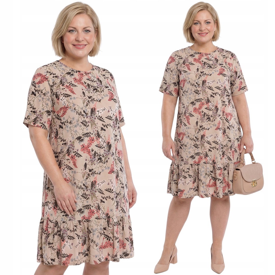 Béžová šaty s květinovou volánkou plus size velikost 56/58