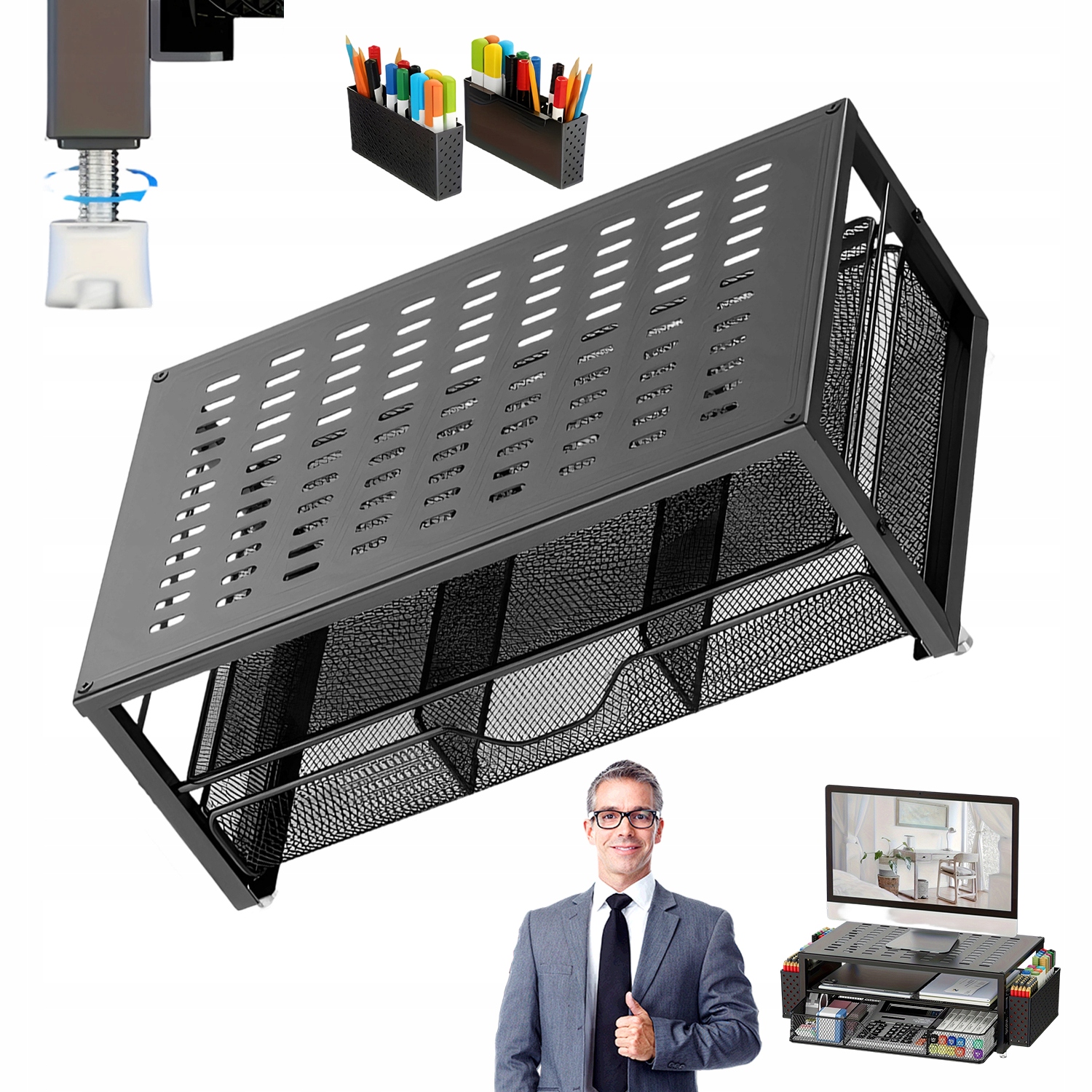 Černá Podložka Pod Monitor Počítače Se 2 Zásuvkami A Bočními Přihrádkami