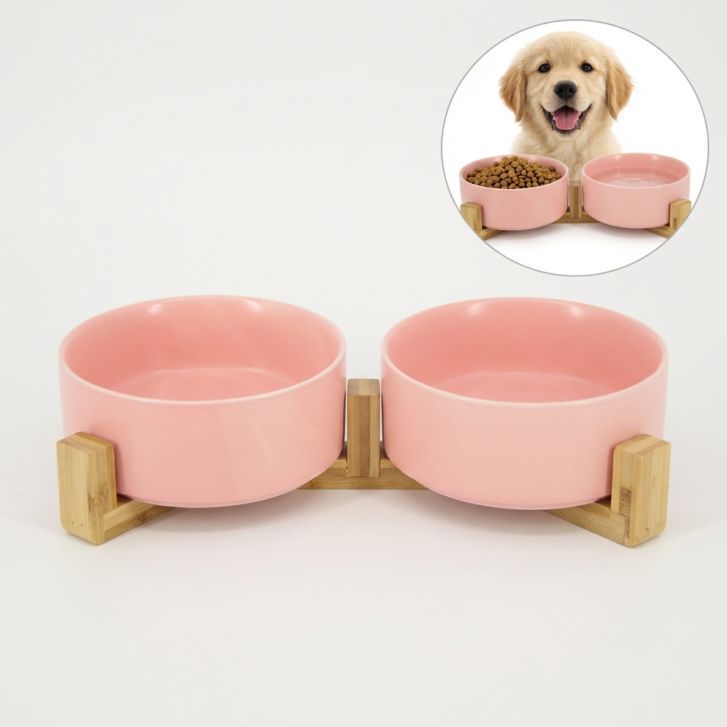 Levně Dvojitá keramická miska pro psy a kočky s bambusovým stojanem, 2x600ml