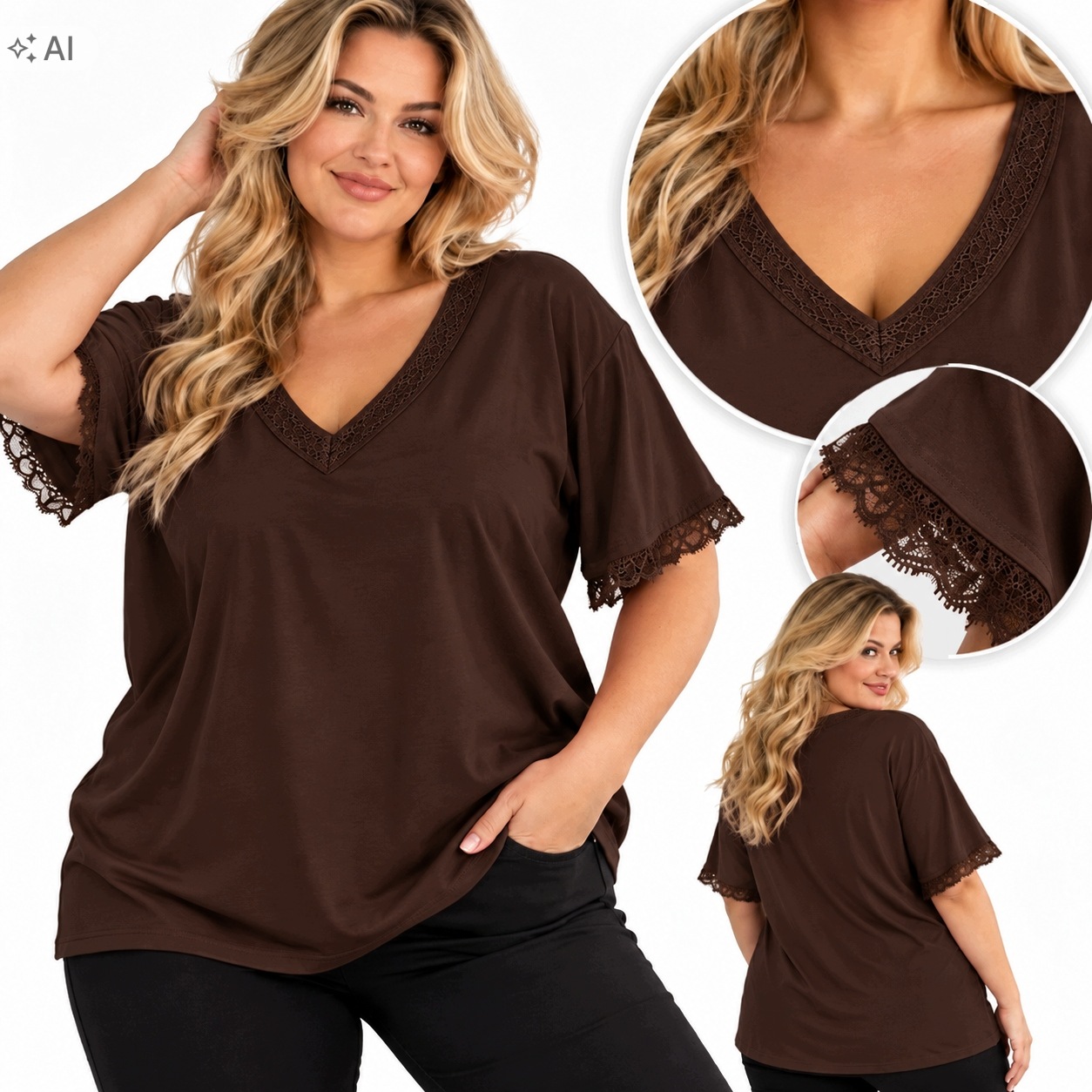 0323 Bluzka damska bawełna premium z koronką dekolt V 50 52 5xl 6xl