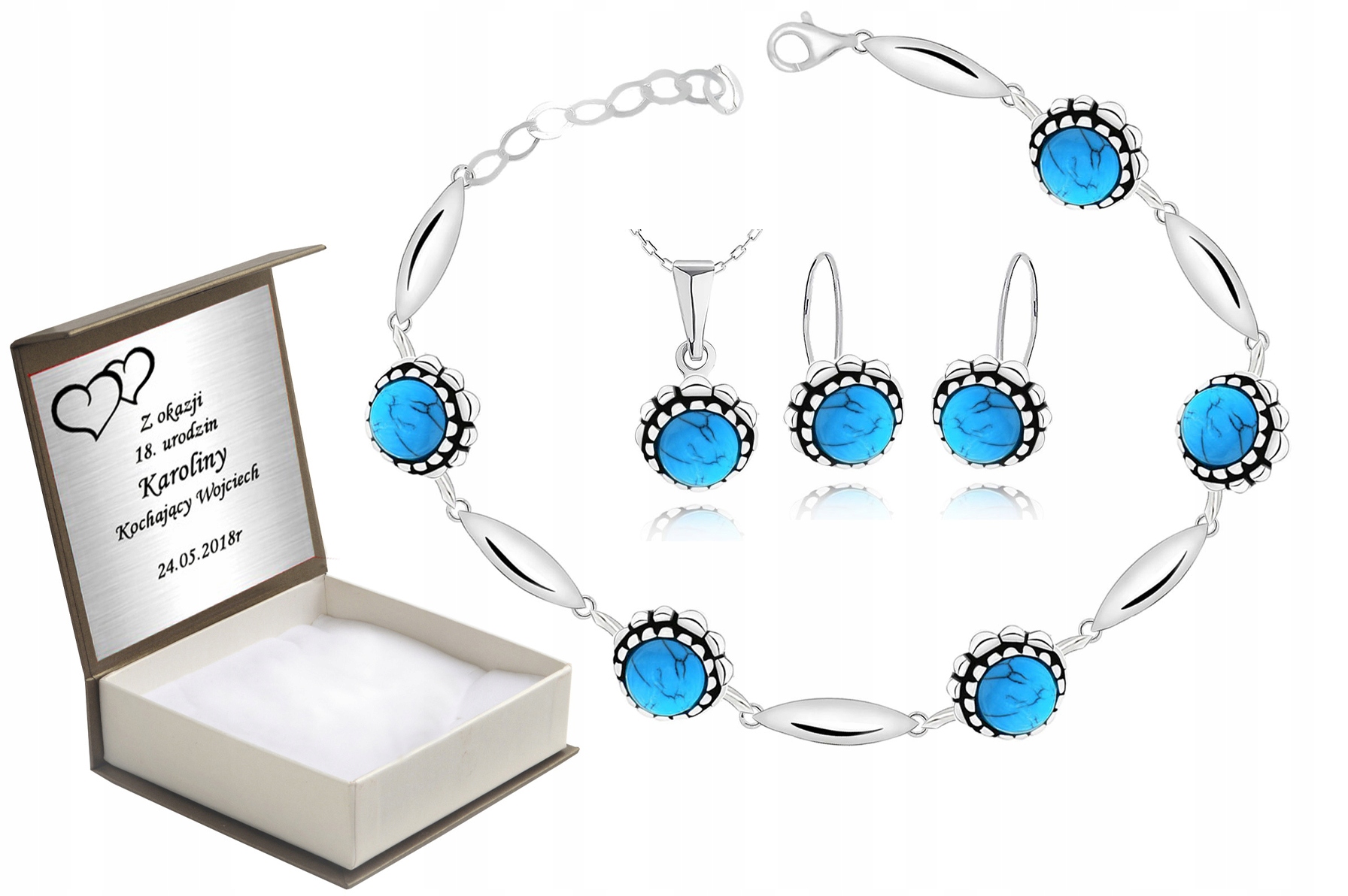 

Komplet Biżuterii Srebrnej 925 Z Turkusami +grawer