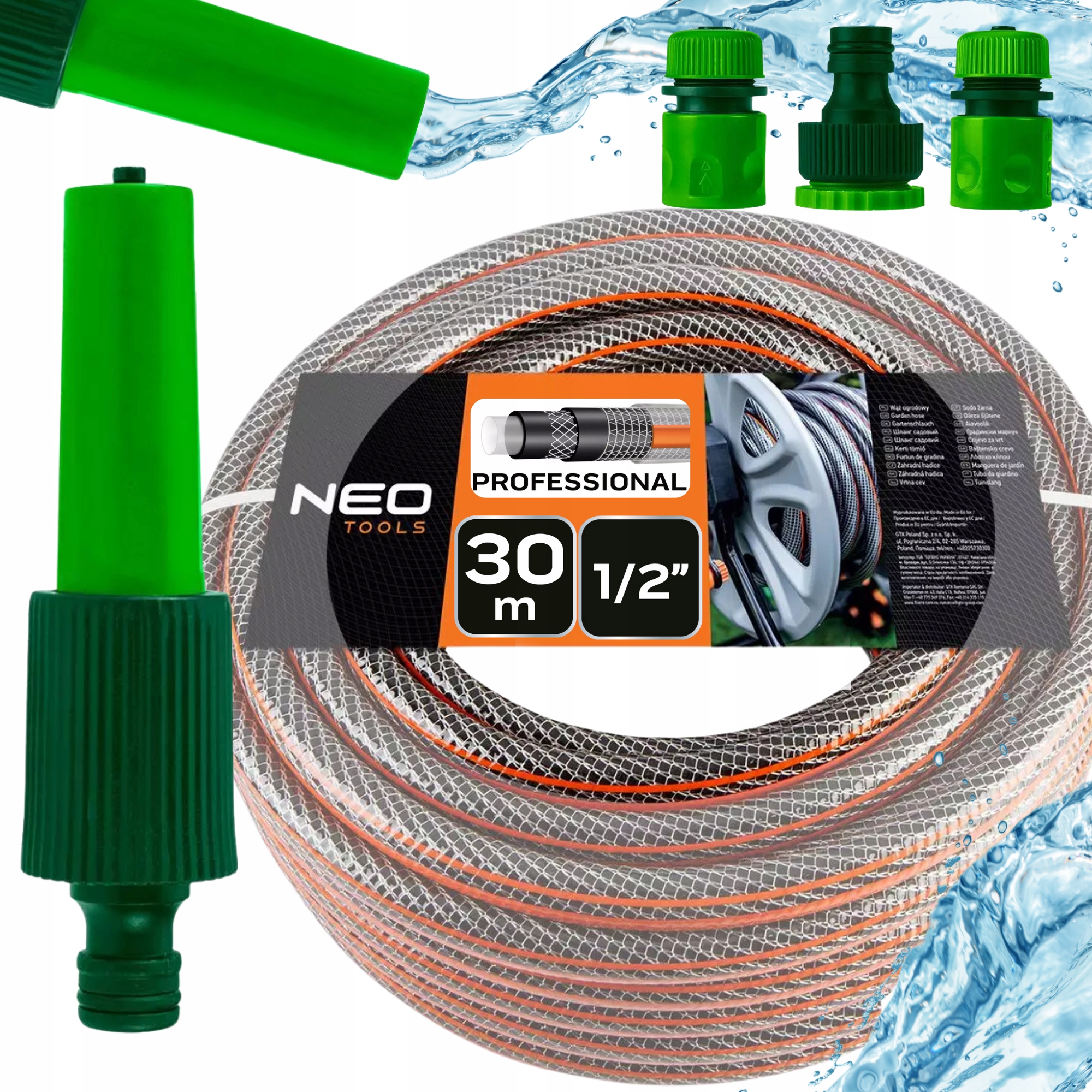 Neo Wąż Ogrodowy 1/2" 30m 6 Warstw Mocny Elastyczny Zraszacz Złączki