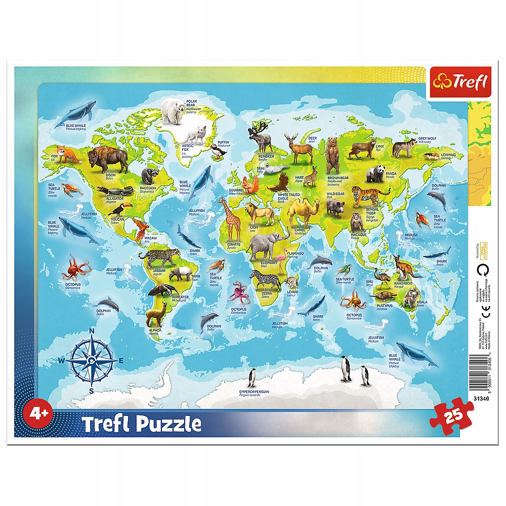 

Trefl Puzzle Ramkowe 25 Mapa Świata Ze Zwierzętami