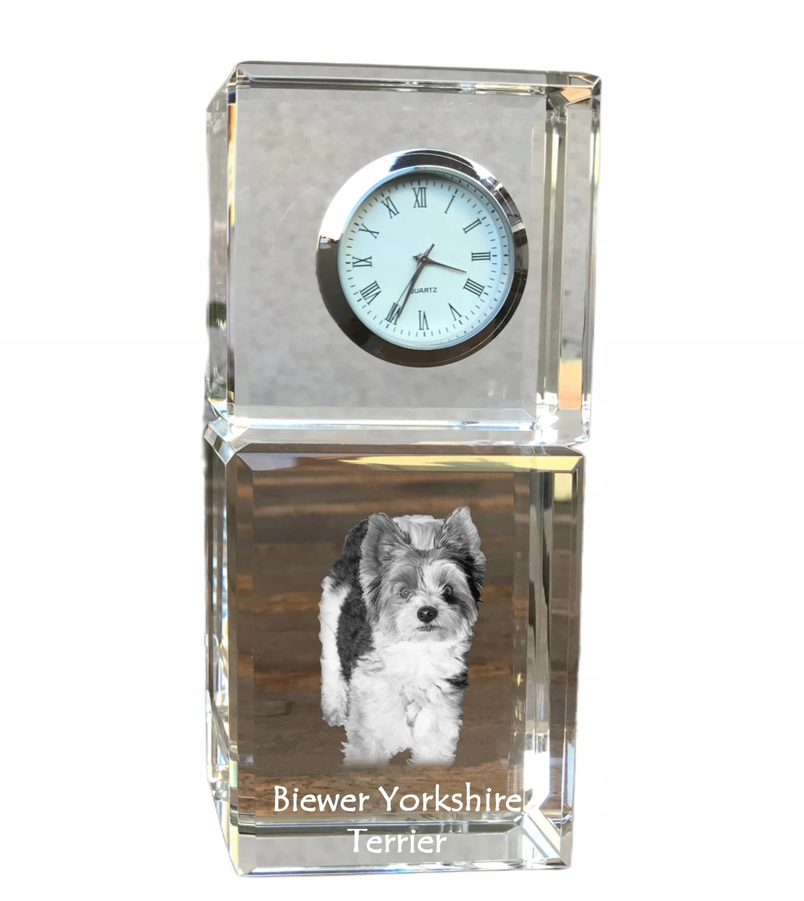 Biewer Yorkshire Terrier krištáľový stolový hodinový strojček s vašou fotografiou