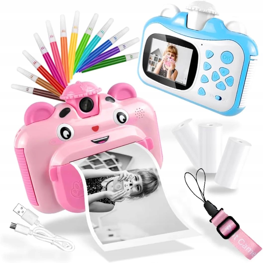Instantní fotoaparát pro děti, tiskárna 2.4'', kamera 16GB, 3 role papíru