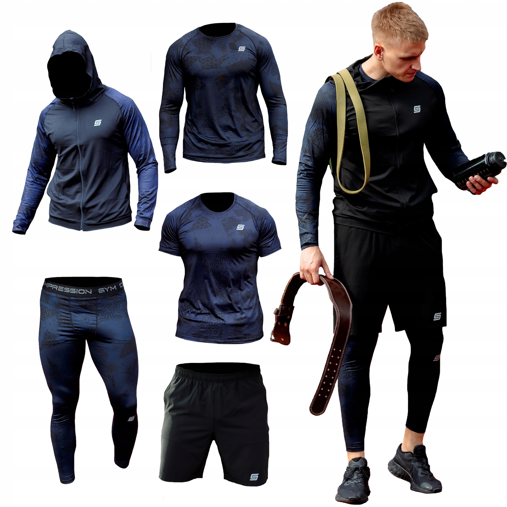 Tréninkový Set 5v1 Rashguard Mikina Legíny Šortky Fitness Posilovna Běh