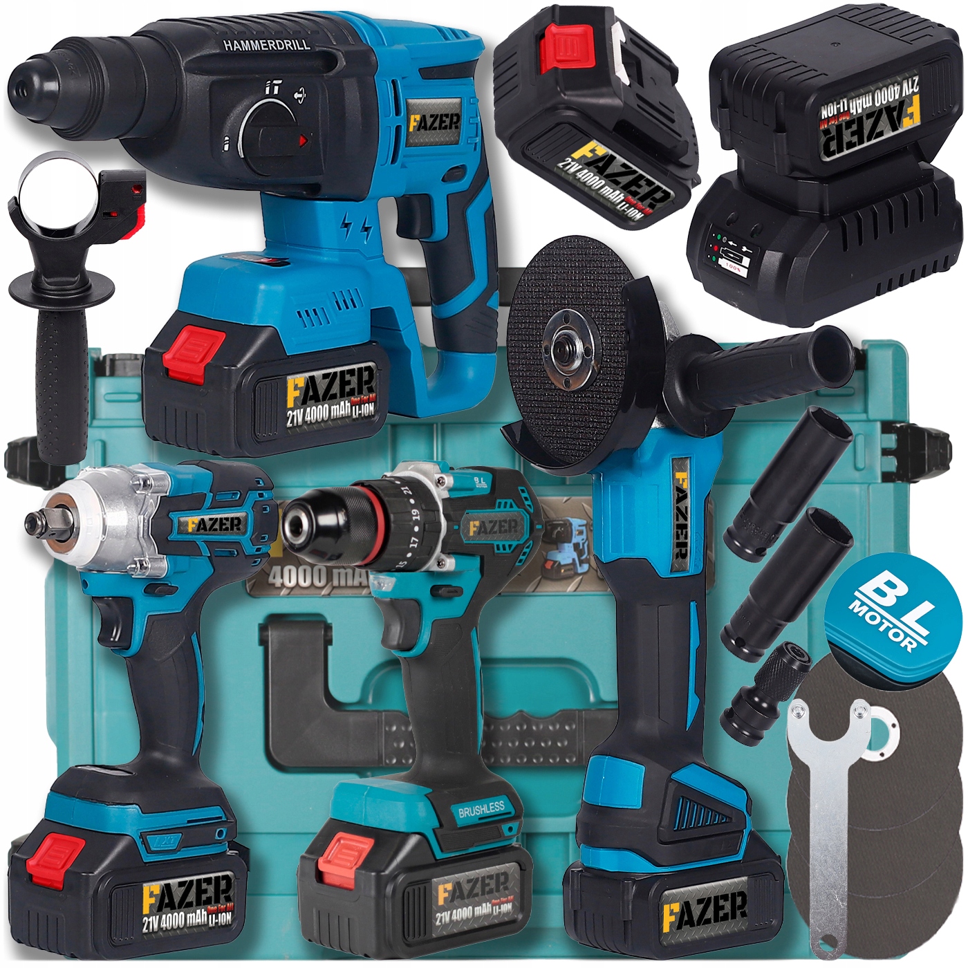 Zestaw Narzędzi Akumulatorowych 21V 4w1 Wkrętarka Młotek Szlifierka Klucz